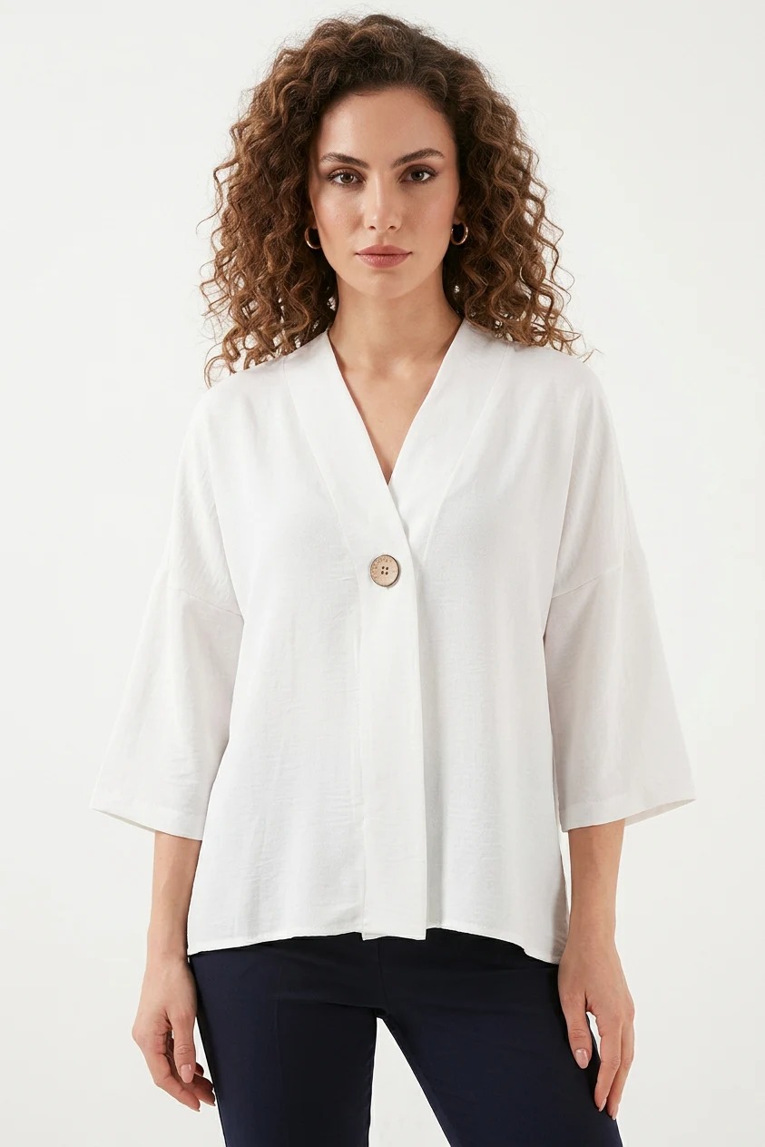 Kadın V Yaka Oversize Kısa Kol Beyaz Kimono