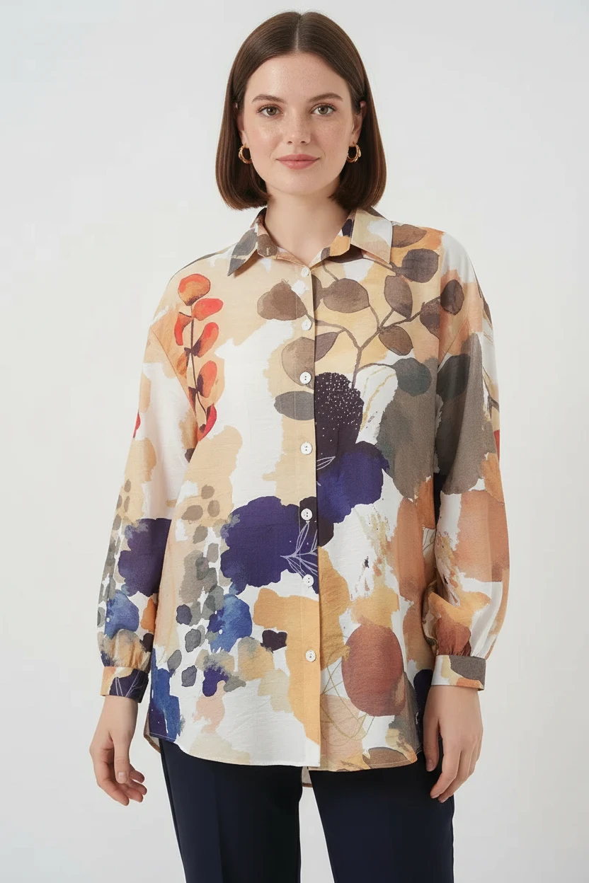 Kadın Desenli Viskon Lacivert Gömlek Tunik