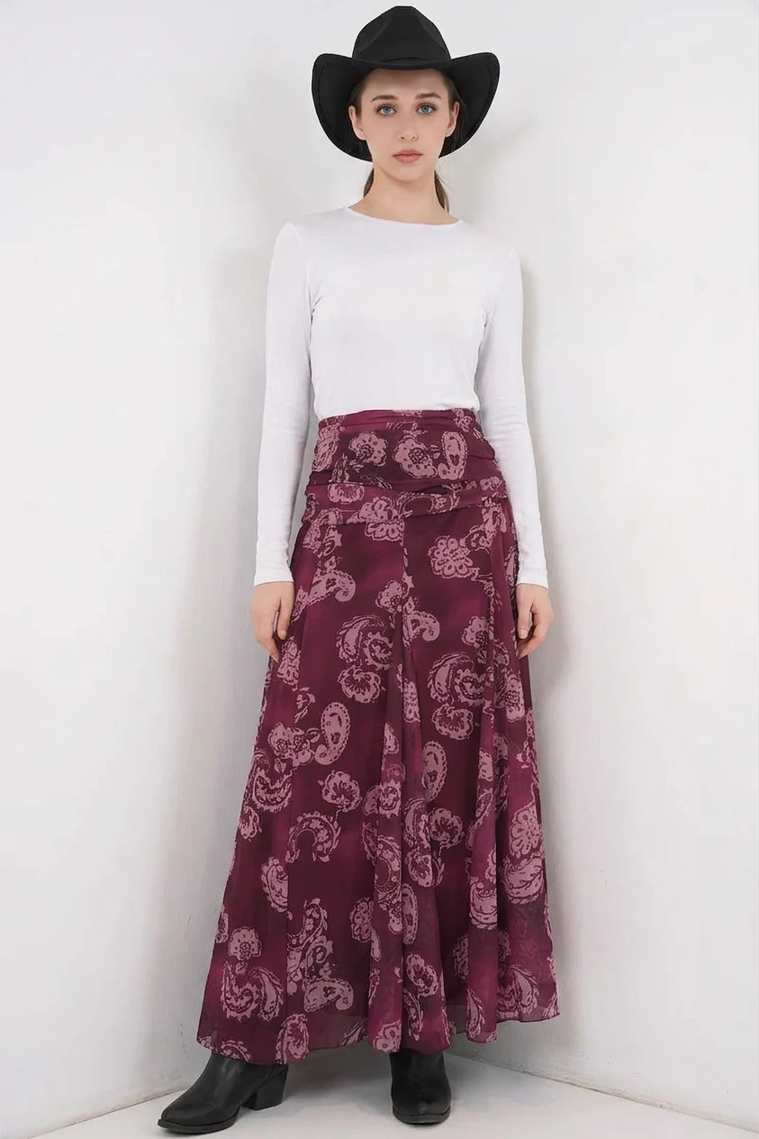 Kadın Desenli Şifon Bordo Etek