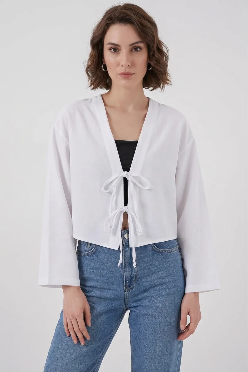 Kadın V Yaka Önden Bağlamalı Önü Viskon Beyaz Kimono