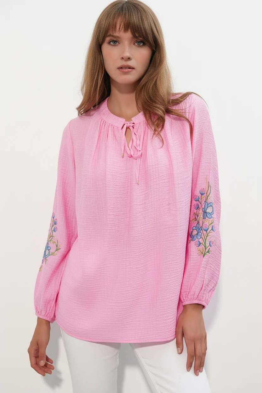 Kadın Bağcıklı Oversize Nakışlı Çiçek Desenli Pembe Bluz