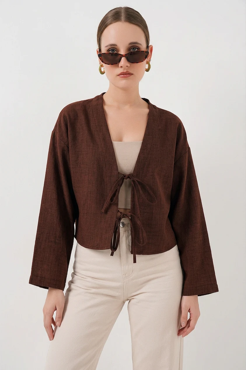 Kadın V Yaka Önden Bağlamalı Önü Keten Kahverengi Kimono